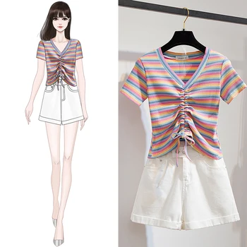 

2020 Summer V-Neck Colorful Striped Top High Waist White Jeans Short Casual Women's Two Piece Clothing Sets