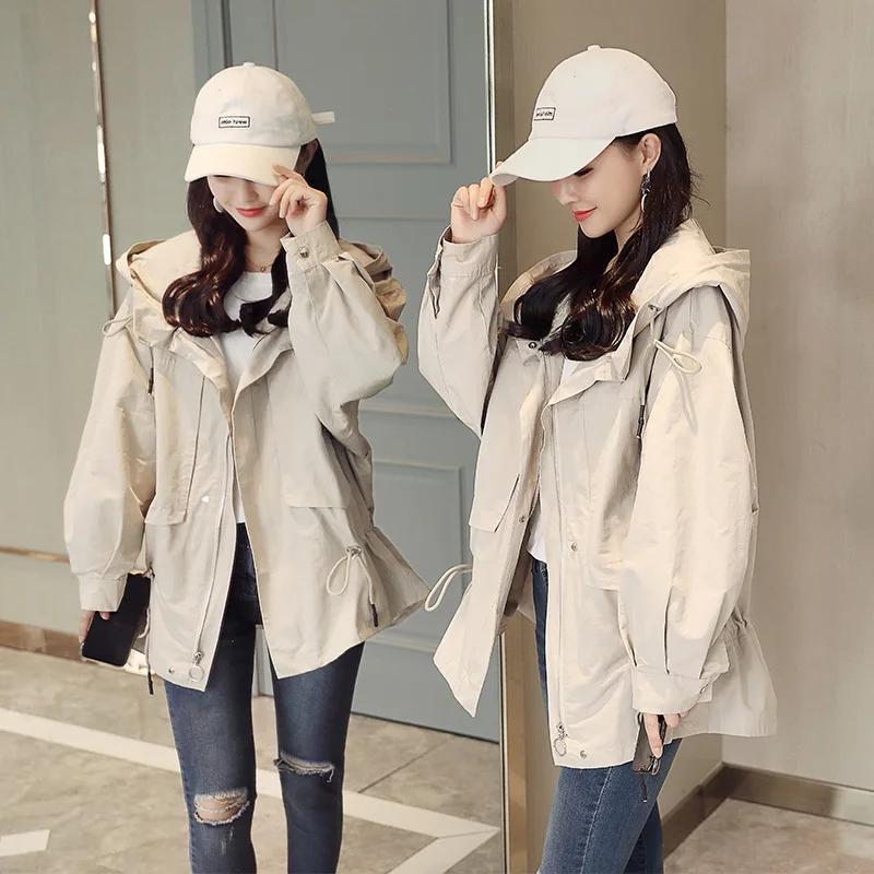 

2019 Spring And Autumn New Style WOMEN'S Dress Korean-style Long Sleeve Hooded Loose-Fit BF Short Trench Coat Casual Students Wa
