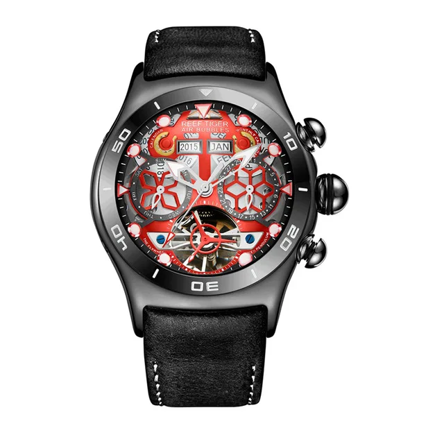 Reef Tiger Роскошные Розовое Золото Скелет Автоматические наручные часы Tourbillon кожаный ремешок часы водонепроницаемые спортивные часы для мужчин RGA703 - Цвет: RGA703-BRB