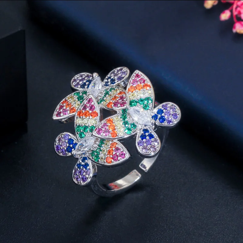 Pera Brilliant Micro Pave Многоцветный CZ Регулируемая бабочка форма цветок кольца для свадьбы помолвки вечерние женские ювелирные изделия R117