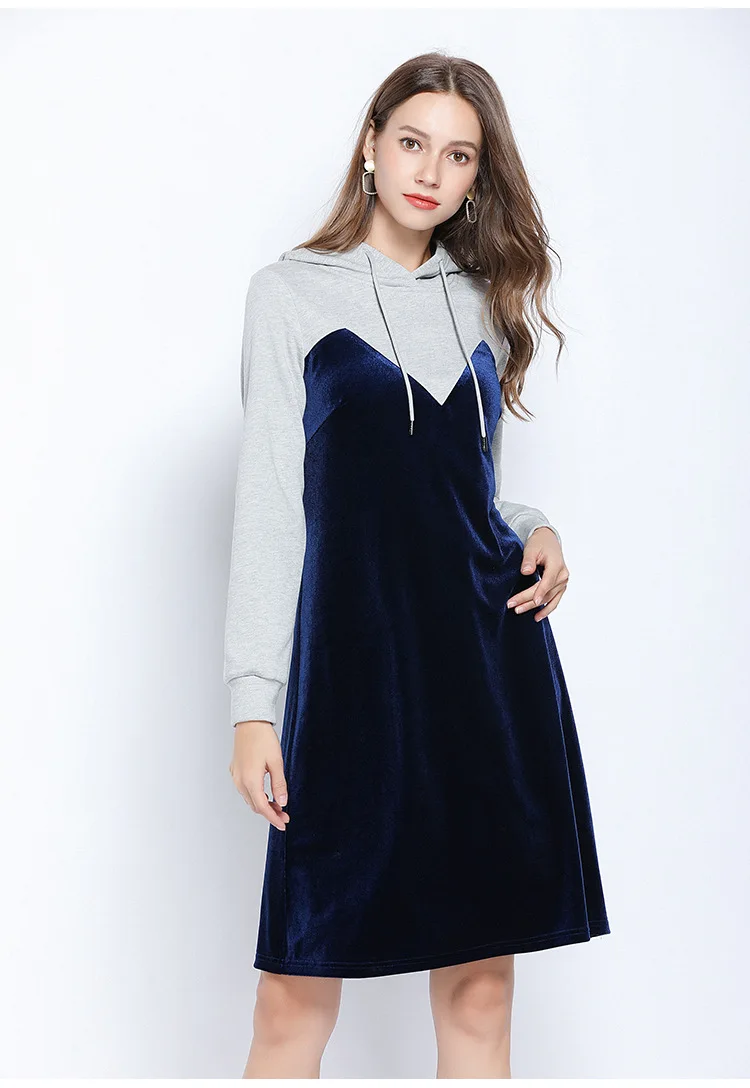 Новинка года; Осенняя Длинная толстовка золотистого бархата с капюшоном; Vestidos; длинный рукав; контрастный цвет; Женские Повседневные свитера большого размера; L-5XL