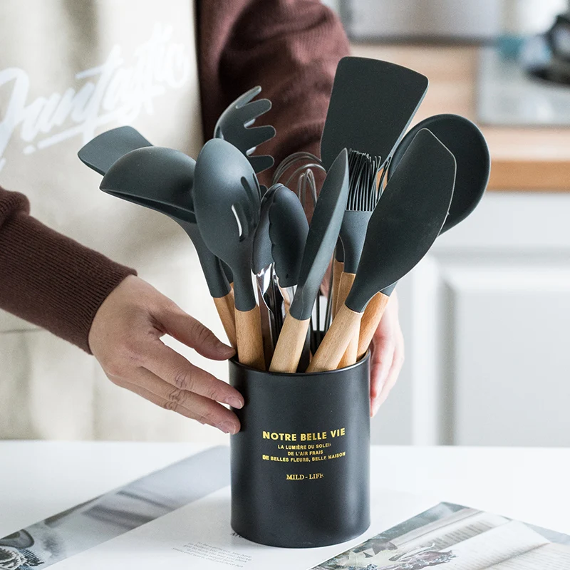 12/13 Silicone Cooking Utensils Wooden Handle Non-Stick Kitchen Set Cooking Tools Accessories With Stainless Steel Storage Box