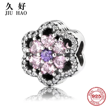 

Real 925 Sterling Silver Pink spring Flower women accessories Fit Original JIUHAO Charm Bracelet Hot sale jewellery Making