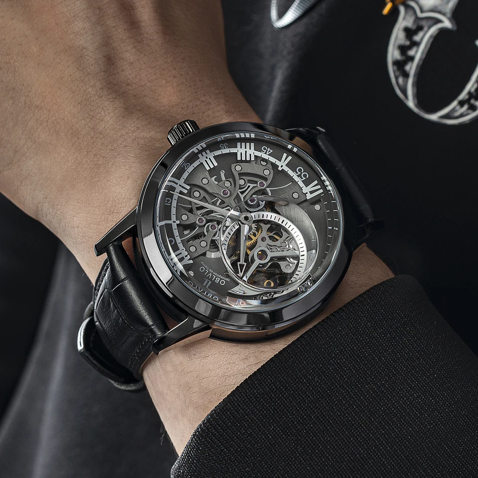 Oblvlo-自動巻き時計,新しいデザイン,透明なトゥールビヨン,革