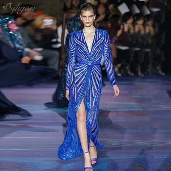 

Ailigou 2020 All Free Shipping New Chic Sequins Embellished Mesh Long Sleeve Sexy V-neck Backless Celebrity Party Dress