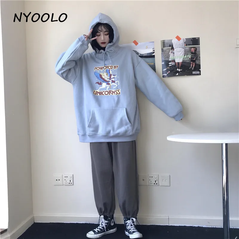NYOOLO, Осень-зима, лошадиные крылья, с буквенным принтом, теплые толстовки, повседневные, уличные, свободные, плюс бархат, пуловер, толстовка с капюшоном, Женский Топ