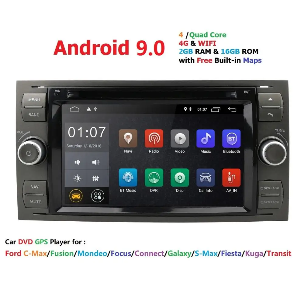 Top IPS 2 din Android 9.0 4G 64G Car GPS For Ford Mondeo S-max Focus C-MAX Galaxy Fiesta transit Fusion Connect kuga DVD PLAYER 0
