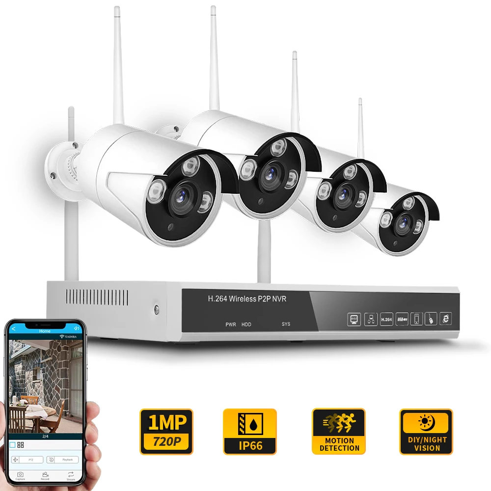 4CH NVR+ 4 камеры s Беспроводной NVR комплект системы видеонаблюдения 1.0MP 720P wifi домашняя камера безопасности монитор ночного видения P2P