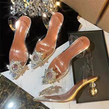 

Clear PVC Summer Women Sandals Luxury Brand Pointy Toe Strange Style High Heels Ladies Pumps Femmes Sandales Slip on Shoes Woman