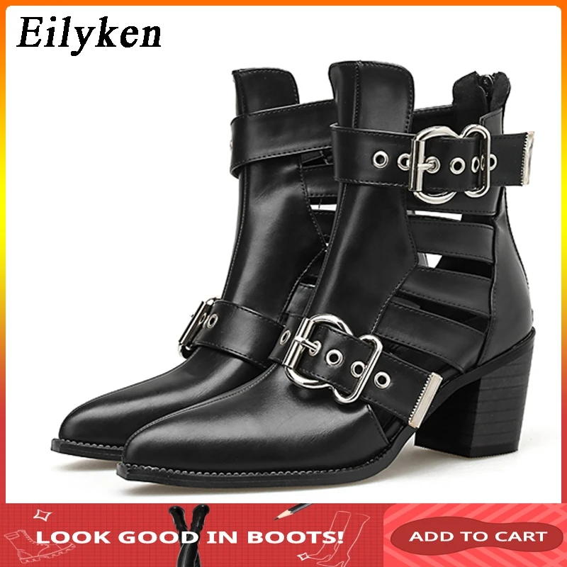 

Eilyken Buckle Boots Women's Boots Pointed Toe Retro Style Fashion Shoes Woman Cowgirl Boots Casual Shoes Gothic Boots