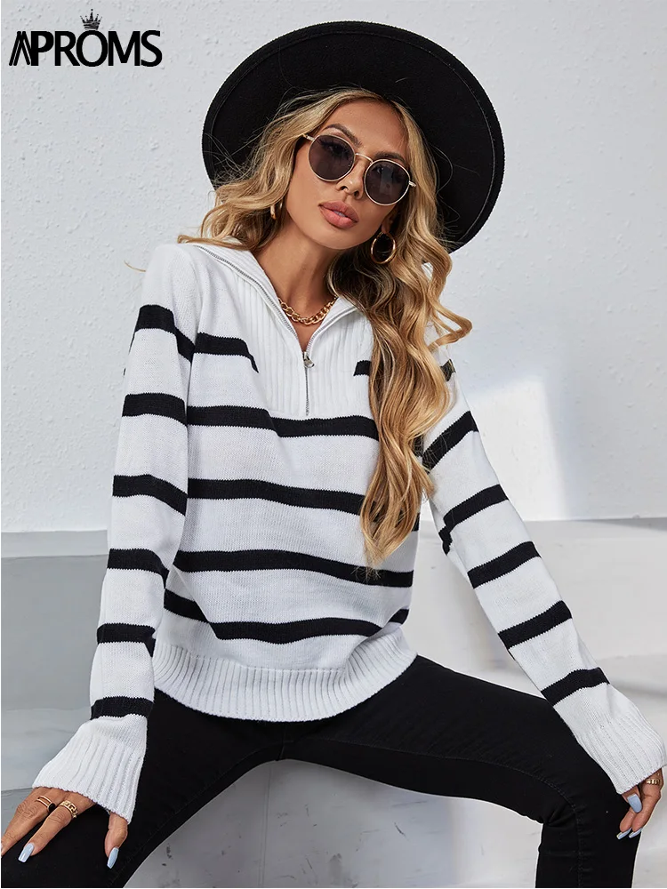 Aproms Black White Striped Half Zipper Sweater Women 2022 Winter Turn-down Collar Thick Ribbed Knit Pullovers Female Cozy Jumper | Женская