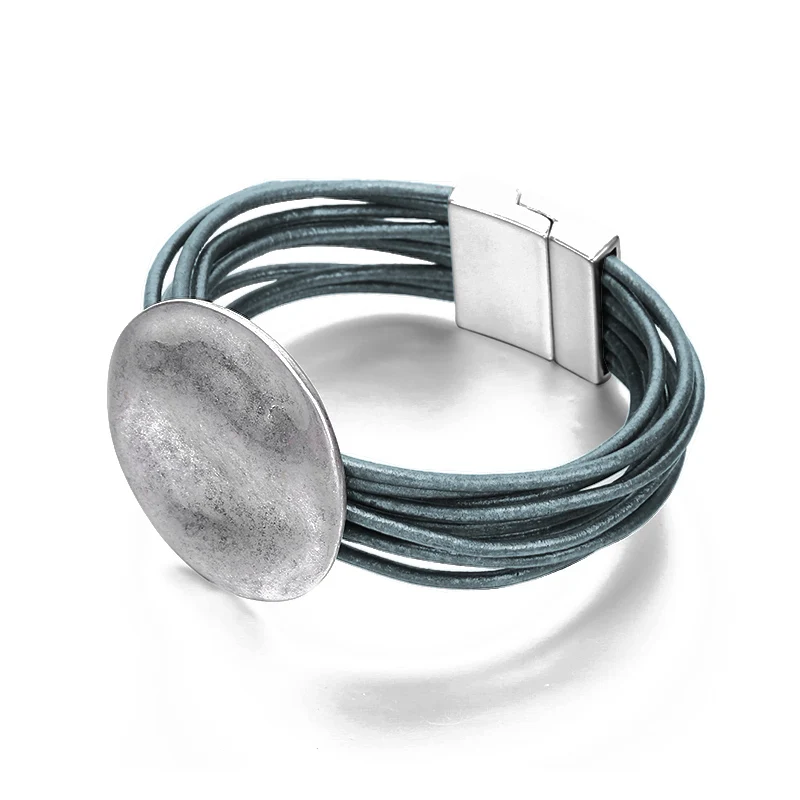 

10 Multi-layer Leather Bracelet for Women Automatic Magnetic Buckle with Metal Round Charm Bohemian Wrap Bracelet Female Jewelry