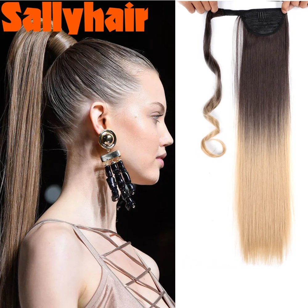 Sallyhair 22Inches Long Straight Wrap Velcro Clip In Ponytail Hair Extensions Heat Resistant Synthetic Pony Tail Fake | Шиньоны и