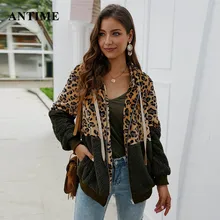 Antime леопардовая Лоскутная Женская плюшевая куртка повседневная с капюшоном пушистый плюшевый карманы на молнии теплая осенне-зимняя куртка шерстяная смесь
