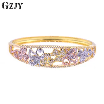 

GZJY Fashion Charms AAA CZ Zircon Bracelets Three Gold Color Cuff Flowers Bracelet Bangle For Women Party Gift bijoux