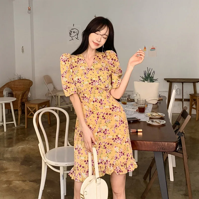 

2019 Spring Clothing New Style Korean-style Elegant Elegant V-neck Little Woman Floral-Print Flounced Puff Sleeve Dress