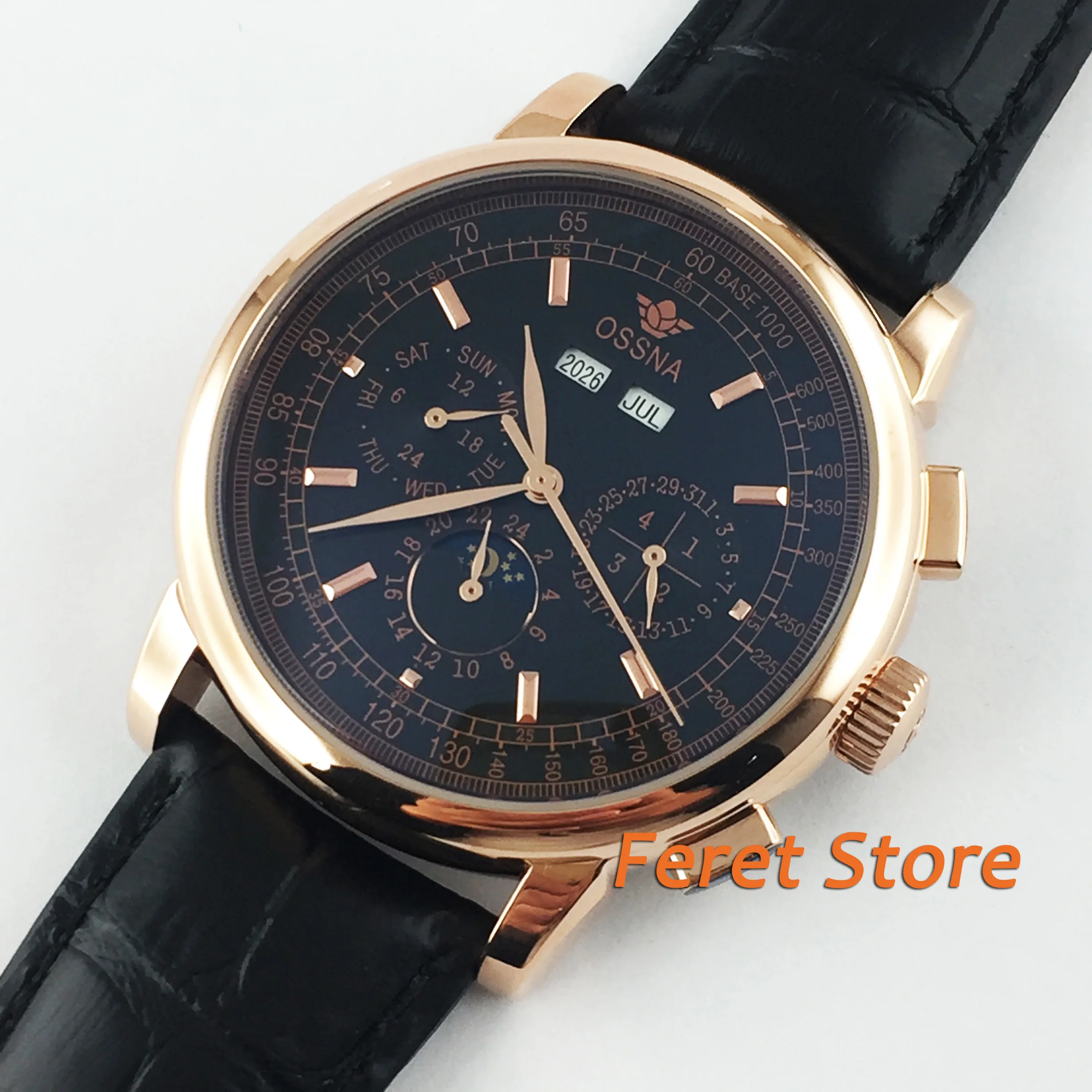 

Fashion Trend Luxury Brands 42mm Ossna Rose Gold WATCH Automatic Movement for Men Black Dial o-6