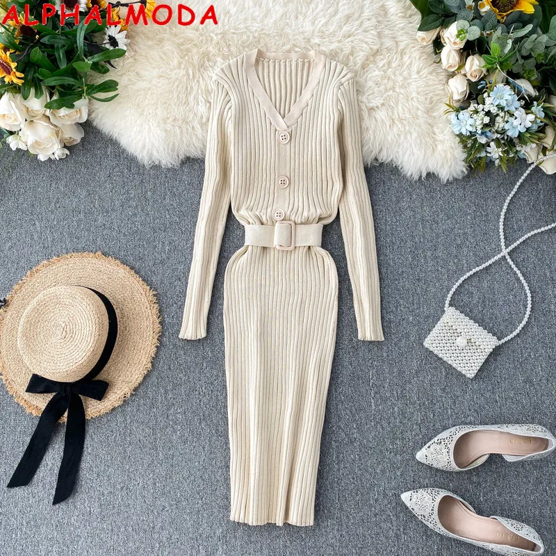 ALPHALMODA осенне зимнее вязаное платье шикарный стиль длинный рукав однобортное с