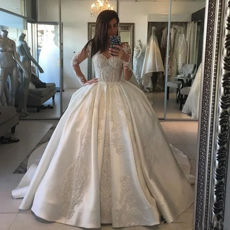 Vestido de novia роскошное бальное платье с длинными рукавами атласные свадебные платья кружевное с аппликацией из бусин со шлейфом Плюс Размер свадебное платье