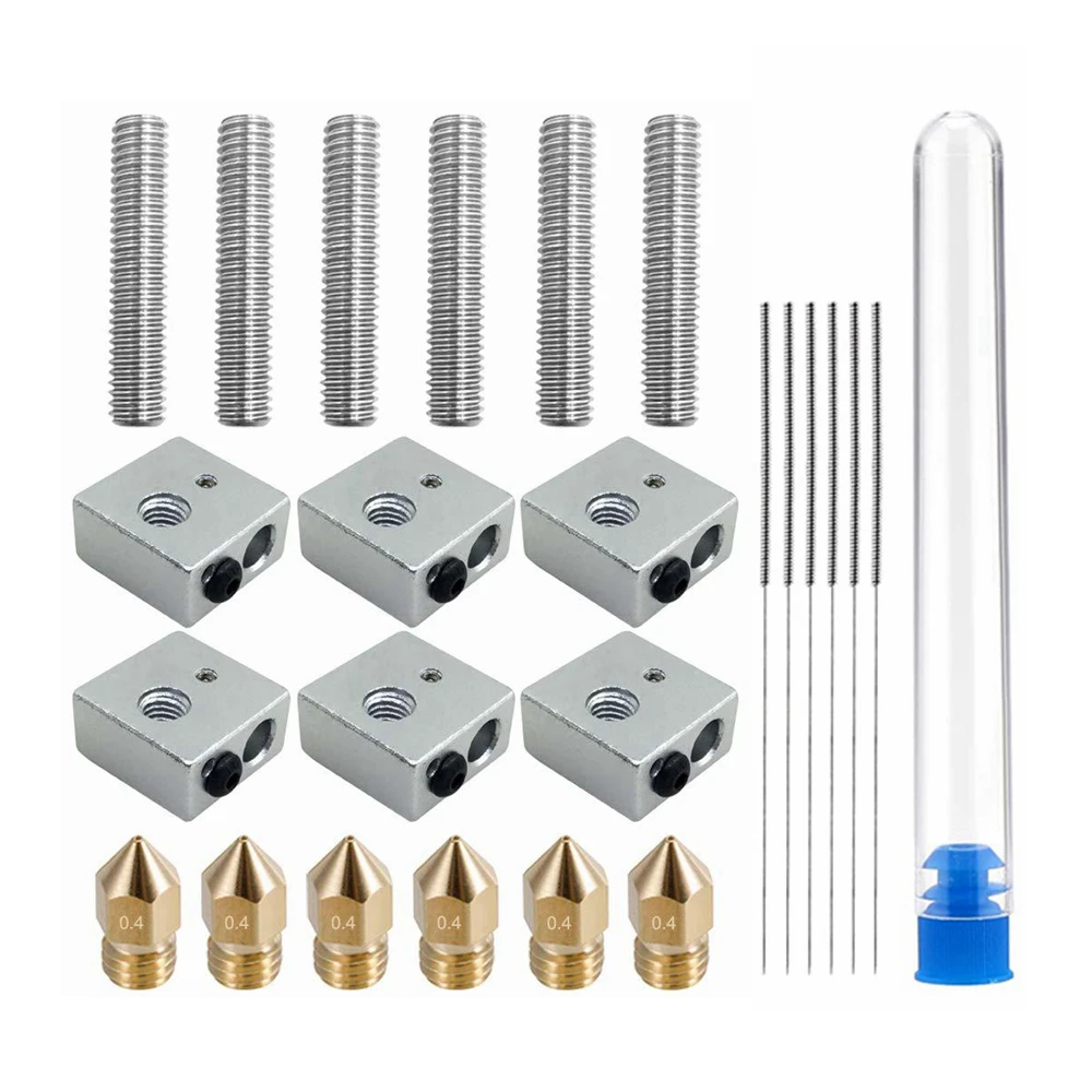 3D Printer 0.4mm MK8 Extruder Nozzle M6 Head 1.75mm 30mm Length Throat Heater Blocks Hotend for MK8 Makerbot Reprap i3 Anet A8