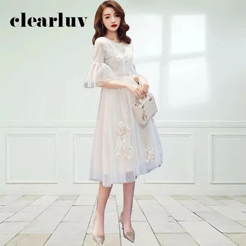 

Crepe A-Line Prom Dress DR464 Champagne Embroidery Women Party Dresses O-Neck Half Sleeve Vestidos De Fiesta Formal Short Gowns