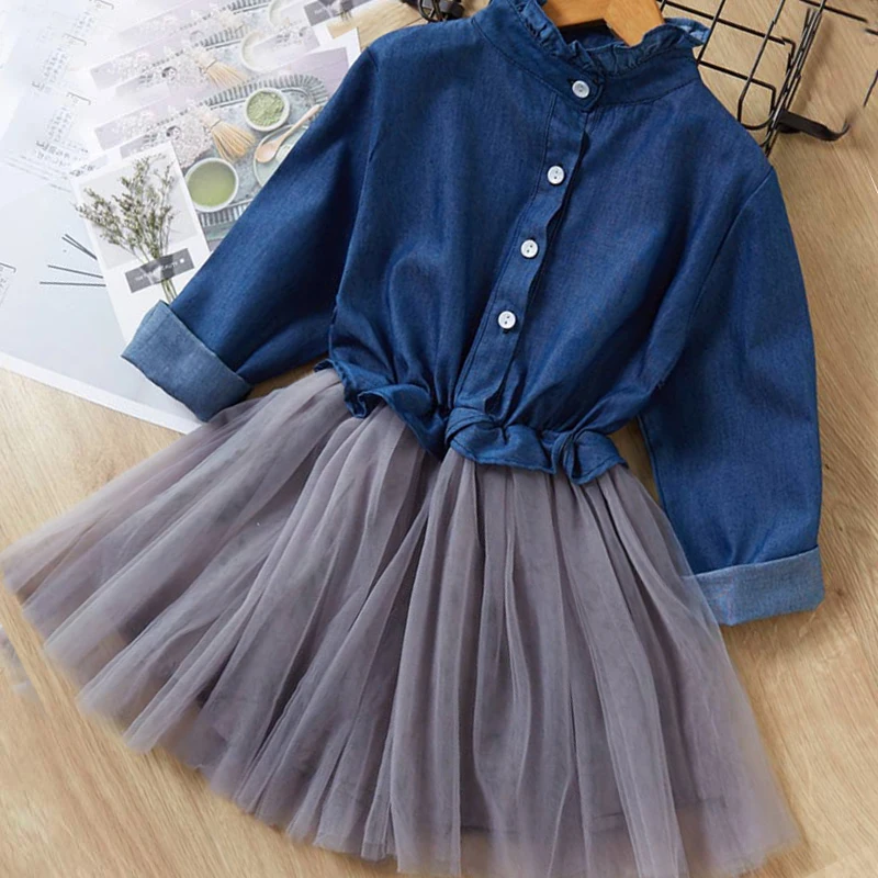 AZ1531 navy blue Girls Mesh Dress Autumn Princess Dresses Children Clothing Long Sleeve Spring Denim Dress for Girl Kids Dress 2 8 Years - Цвет: AZ1531 navy blue