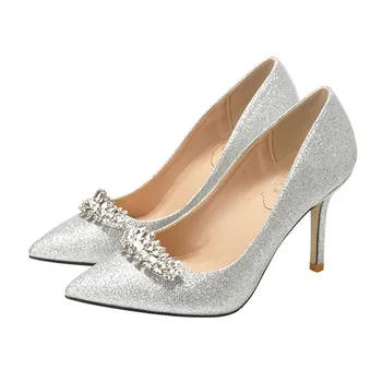 

2020 Women Shoes Luxury Rhinestone 7cm 9cm Higher Heels Bride Pumps Silver Shoes Wedding Party Shoes