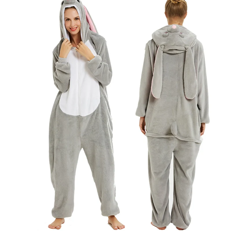 Унисекс; пижамы для взрослых; Фланелевая пижама с капюшоном; плотная Пижама с рисунком животных; теплая зимняя Пижама с единорогом; женская пижама на Хэллоуин - Цвет: Rabbit