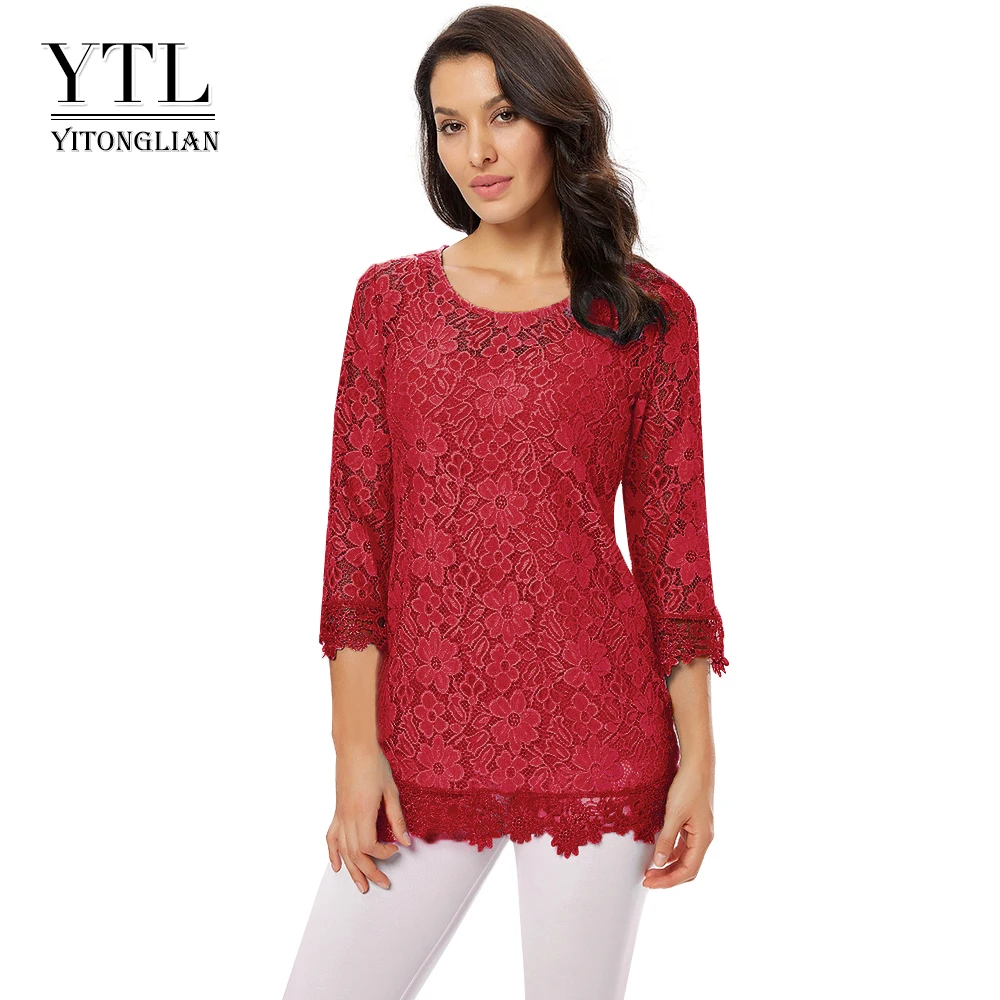 Blouse Summer Tunics Lace Sky-Blue Plus-Size Shirt Floral-Pattern Hollow-Out Womens