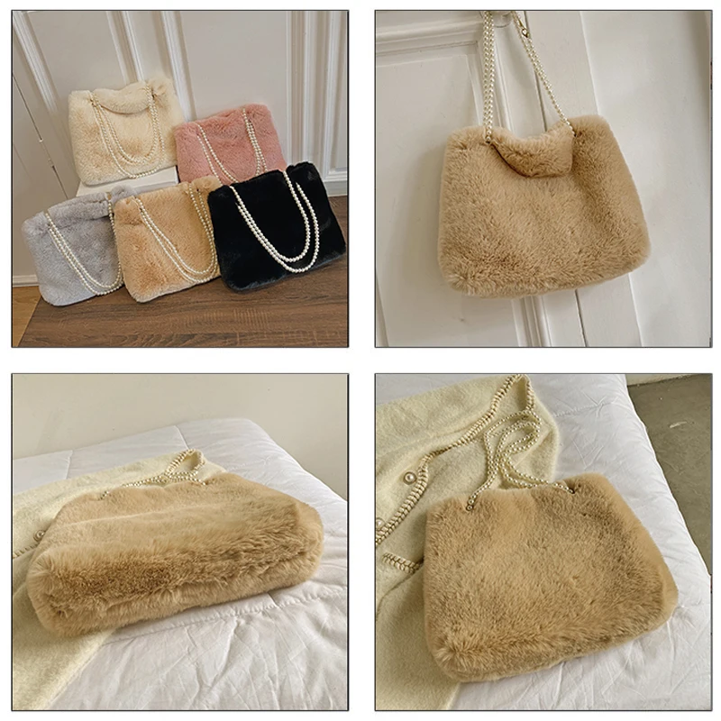 Plush Tote Bags Black Furry Luxury Designer Handbag Soft Fluffy Bag Pearl Fur Shoulders Bags For Women 2021 Winter Lady's Purse