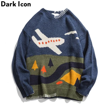 

Dark Icon Round Neck Pullover Men's Winter Sweater Printed Oversized Hip Hop Sweaters Men's Wool Blouses Sweater Blue/Green