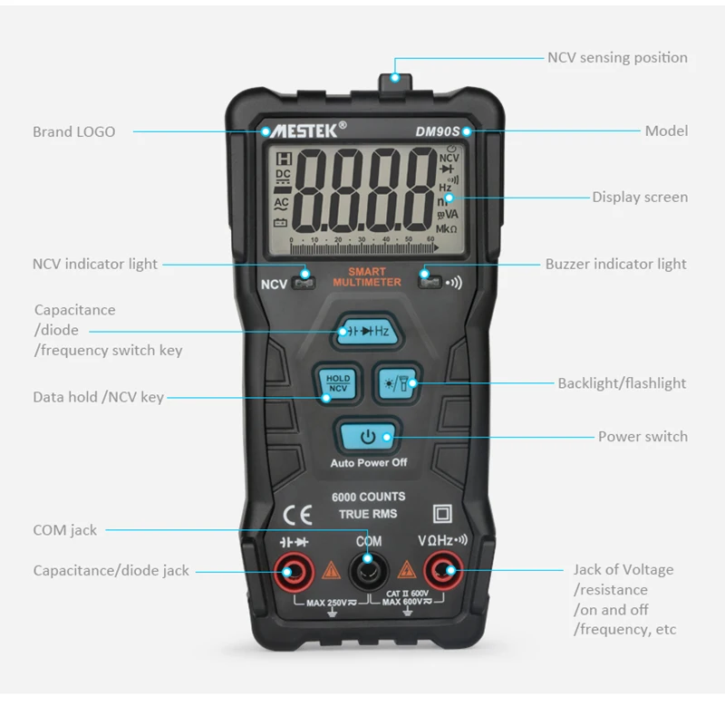 Mestek Dm90S Ncv True Rms цифровой автоматический анти-сжигание Портативный Универсальный мультиметр высокоскоростной Полный Интеллектуальный мультиметр