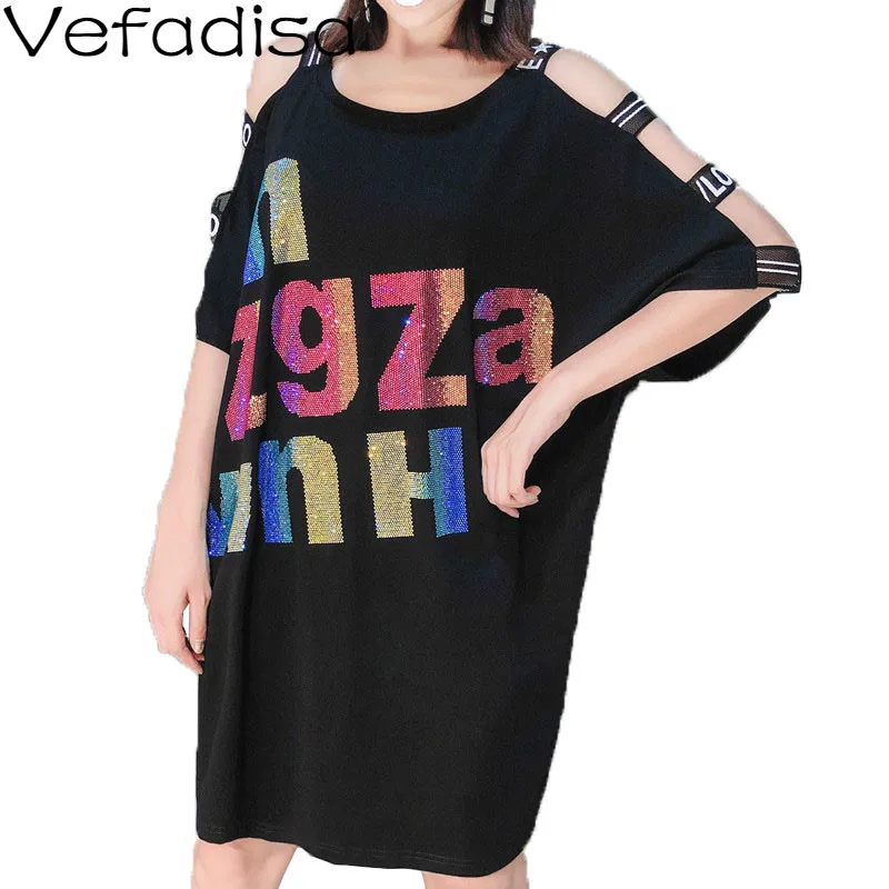 Vefadisa Black Diamonds T-shirt Dress Letter Print Women 2020 Summer O-Neck Short Sleeve Strapless Mini QYF3326 | Женская одежда