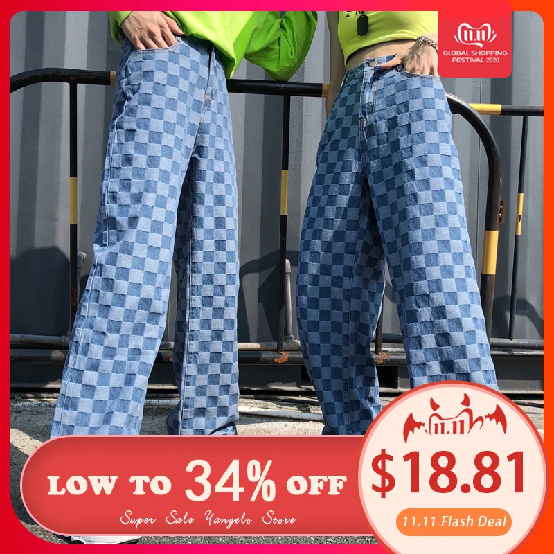 

Harajuku Unisex Pants Plaid Pattern Loose Long Women Men Pant Outwear Fashion Blue Jeans Cargo Pants Streetwear Hipster Autumn