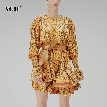

VGH Patchwork PU Leather Dress Women O Neck Flare Long Sleeve High Waist Lace Up Ruffles Dresses For Female Fashion Clothing New