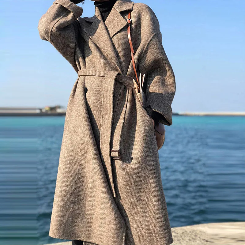 Полосатое модное шерстяное пальто, куртка для женщин, на шнуровке, длинное, смешанное, элегантное женское пальто размера плюс, отложной воротник, верхняя одежда Abrigo Mujer - Цвет: Stripe