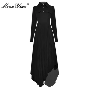 

MoaaYina Fashion Runway dress Spring AutumnWomen's Dress Long sleeve Asymmetrical Pleated Black Dresses