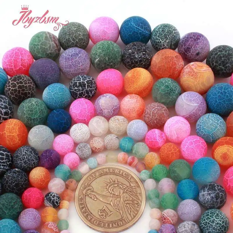 

6/8/10/12mm Natural Agates Multicolor Round Cracked Frost Matte Stone Beads For DIY Necklace Bracelets Jewelry Making Strand 15"