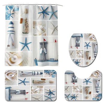 

4pcs Toilet Cover Shower Curtain Set Bath Mat Machine Washable Pedestal Rug Sea Shell Modern Home 12 Hooks Printed Polyester