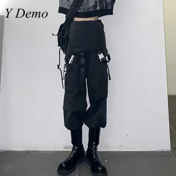

Y Demo Harajuku Women Cargo Pant High Waist Buckle Sashes Female Zipper Open Full Length Trousers Female Techwear