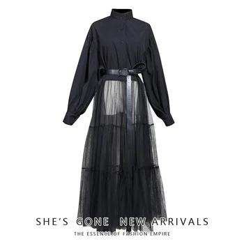 

Women Black Hem Mesh Split Big Size Blouse New Stand Collar Long Sleeve Loose Fit Shirt Fashion Spring Autumn 2020