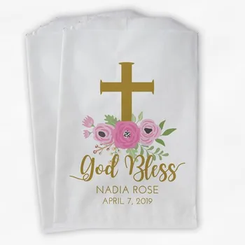 

Custom God Bless Flower Favor Bags - First Communion, Baptism or Religious Party Favor Bags - Gold and Pink Paper Treat Bags