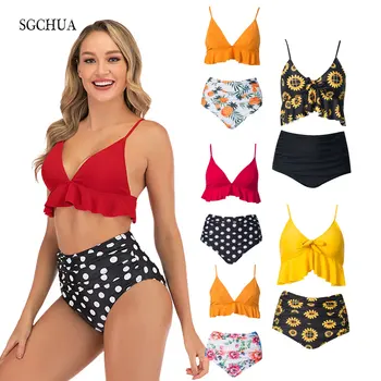 

SGCHUA New High Waist Bikini Pineappl Dot Pleated Swimsuit Women Red Yellow Ruffle Swimwear Sunflower Biquini Beach Bathing Suit
