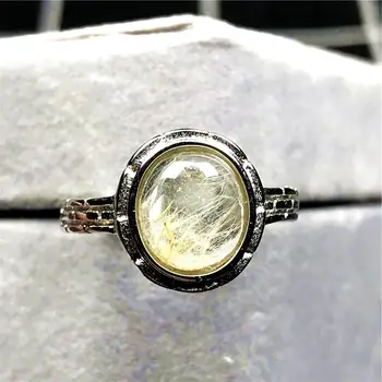

10mm Real Natural Gold Rutilated Quartz Ring For Woman Man Crystal Oval Beads Silver Gemstone Adjustable Ring Jewelry AAAAA