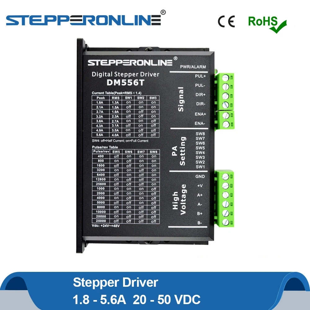 

Digital Stepper Motor Driver 1.8~5.6A 20-50VDC 2-phase Stepper Motor Controller for Nema 23,24,34 Stepper DM556T
