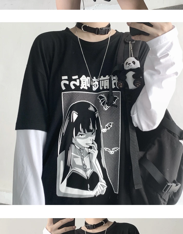 Харадзюку винтажная женская футболка с длинным рукавом Готический кавайный аниме Графический Женский Топ тройник Японский Корейский уличная футболка для девочек