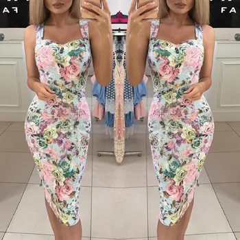 

JAYCOSIN Women's Dresses Floral Print Tank knee-length Dresses Slim fit Vintage Natural Women's Dress Women'S Summer Sundress D#