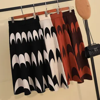 

Winter Thick Moon A-line Long Knitted Skirts Elastic Waist Flared & Pleated Wave Striped Knit Elegant Long Skirts