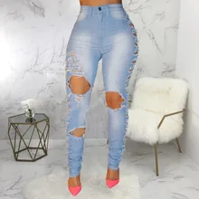 Рваные джинсы, женские узкие Джинсы бойфренда с высокой талией, хлопковые летние Осенние повседневные уличные джинсовые длинные брюки-карандаши, обтягивающие# g5