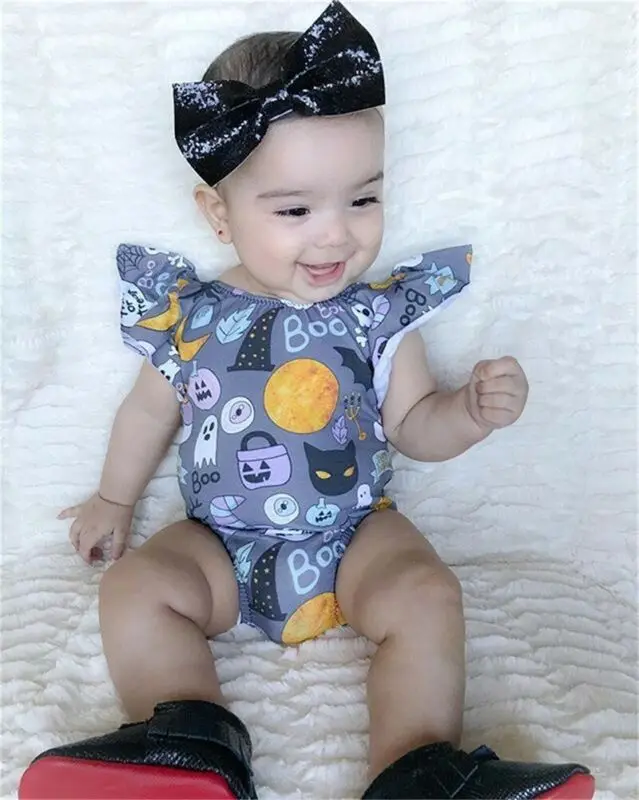 Goocheer 2019 Baby Newborn Boy Girl Infant Halloween Cartoon Print Jumpsuit Fly Sleeve Bodysuit Clothes Outfit Headband Costume